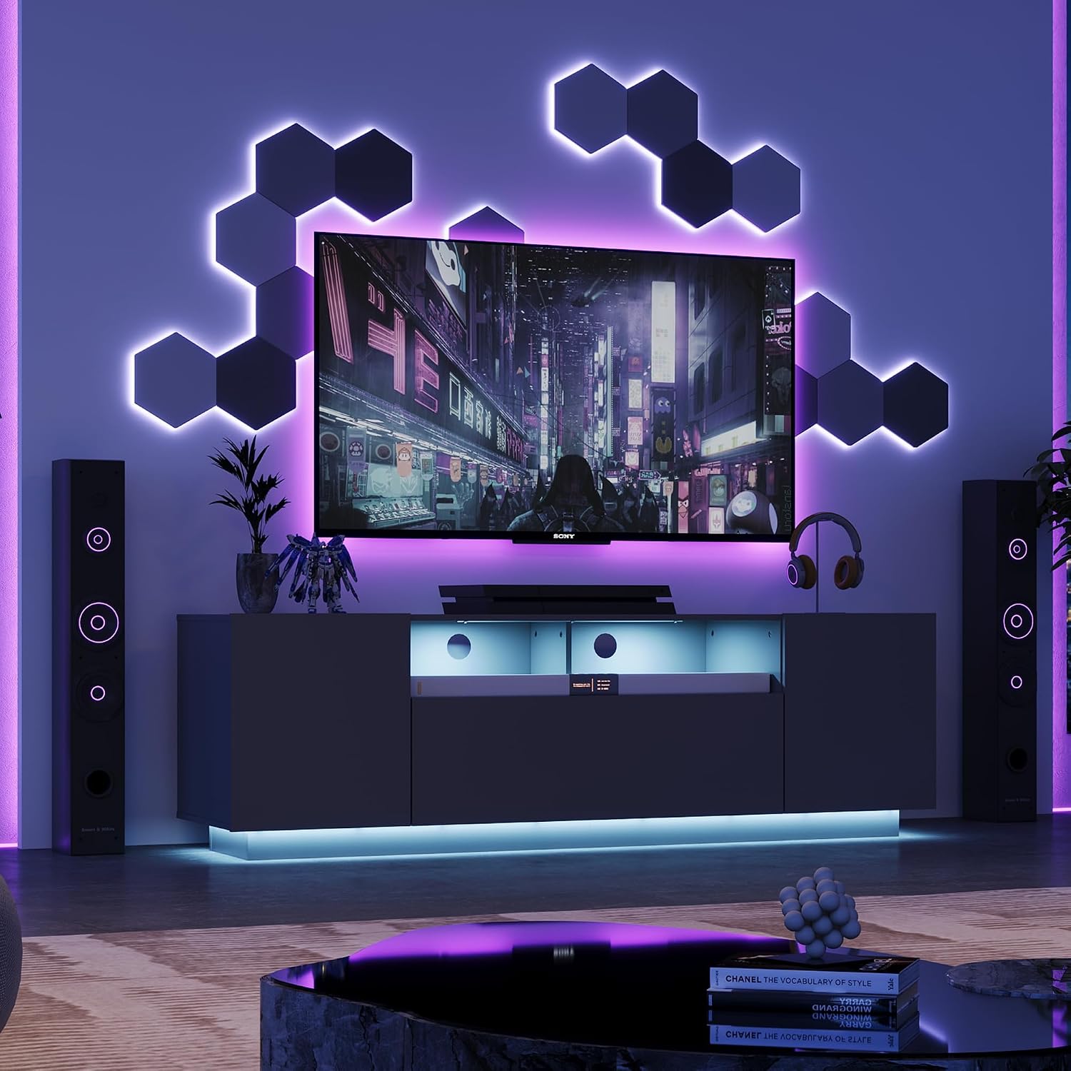 WLIVE Modern TV Stand for 65 Inch TV, Entertainment Center with LED Lights & Large Storage Cabinets, Sturdy Media Console for Living Room, Bedroom, Gaming(Black)