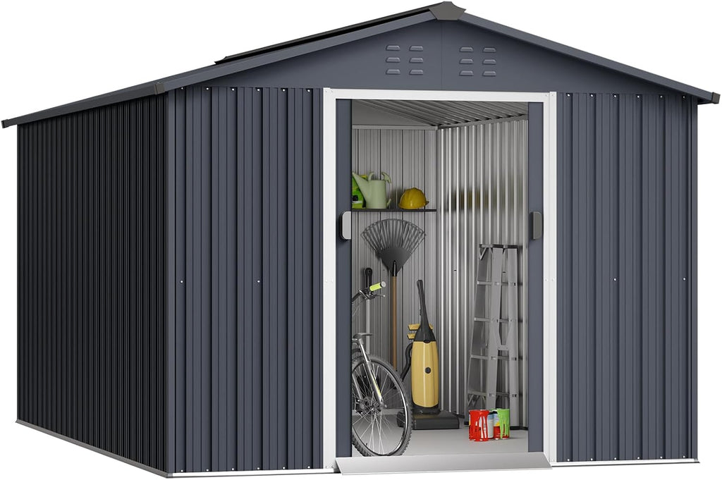 Acekool Outdoor Storage Shed 8x15 Ft & Large Storage Space, Utility Metal Storage Shed with Lockable Sliding Door and Vent, Garden Tool Shed for Organising Tools and Equipment in Yard, Garden, Grey