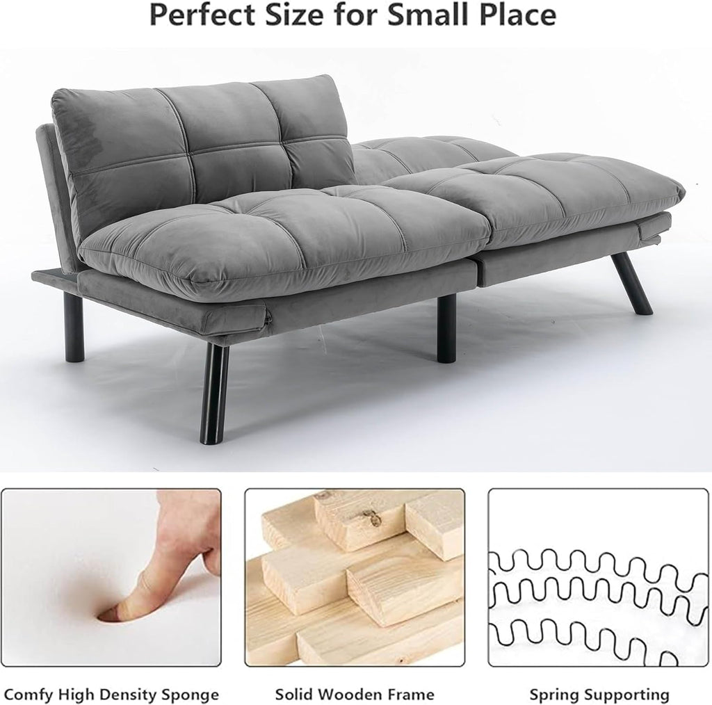 Anwick Velvet Convertible Futon Sofa Bed,71' Modern Comfy Loveseat Sleeper Sofa with Adjustable Backrest Armrest,Folding Futon Sleeper Recliner for Living Room,Office,Apartment (Light Grey)