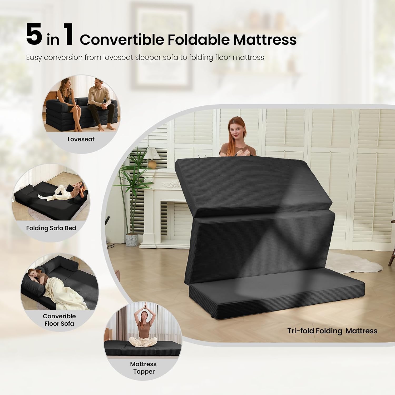 Tri-Fold Foldable Mattress, Convertible Folding Sofa Bed with Removable Arms & Washable Cover, All-in-One Portable Mattress Floor Sofa Bed, No Assembly Required & Non-Slip, Full Size, Black