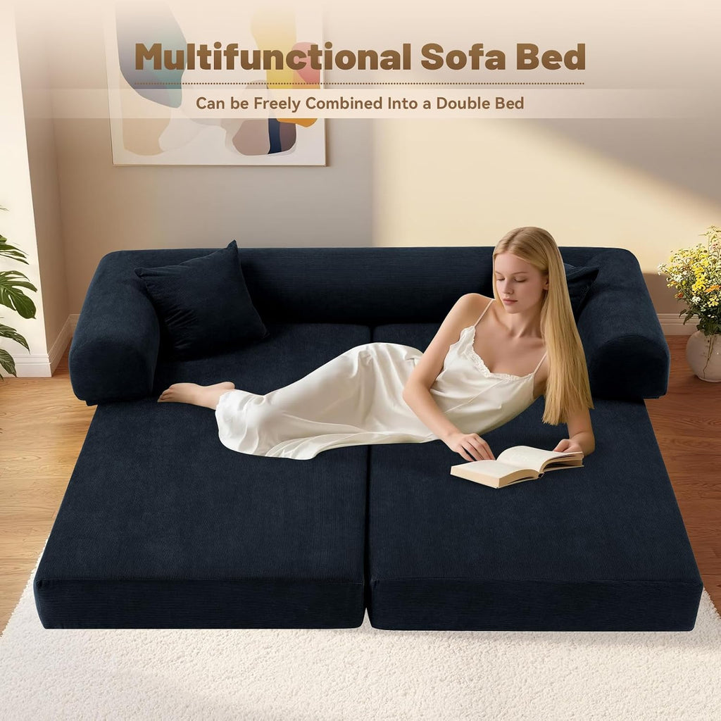 Convertible Futon Sofa Bed,80' Folding Pull Out Couch Bed with Storage,Queen Sleeper Sofa Bed,Compressed Couch in a Box,Corduroy Boneless Couches for Living Room,Deep Blue