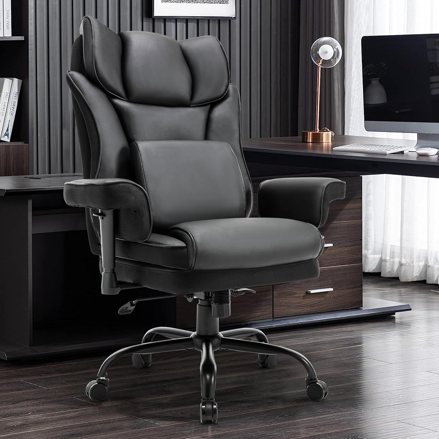 Ergonomic Office Chair with High Back Support, 400lbs Capacity Executive Desk Chair & Gaming Chair, Adjustable Height with Padded Armrests, Massage Lumbar Support for Home Office Comfort (Black)
