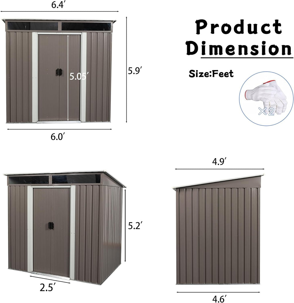 KELRIA 6ft x 6ft Outdoor Metal Storage Shed with Metal Floor Base,Metal Outdoor Storage Sheds with Sliding Doors, Large Garden Shed Outdoor Utility Tool Shed with Pent Roof for Backyard Lawn, Coffee
