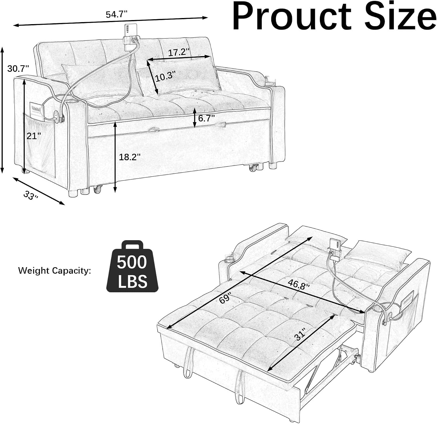 Loveseat Sofa Bed with USB Ports, Phone Holder & Cup Holders | Convertible Futon Couch for Small Spaces, Pull-Out Sleeper Sofa for Living Room & Apartments (Grey)