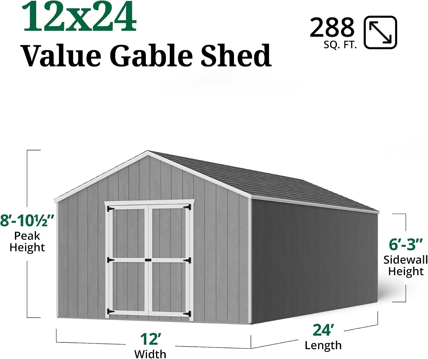 Little Cottage Co. 12x24 Value Gable Shed with Floor, Outdoor Wood Storage Do-It-Yourself Precut Kit