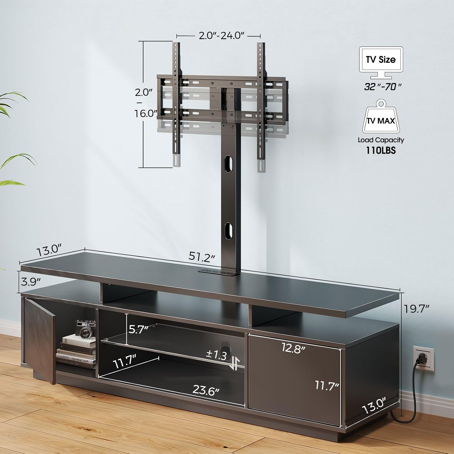 Rolanstar TV Stand with Mount and Power Outlet 51.2', Swivel TV Stand Mount for 32/45/55/60/65/70 inch TVs, Height Adjustable Modern Entertainment Center with Storage & LED Lights, TV Table Black