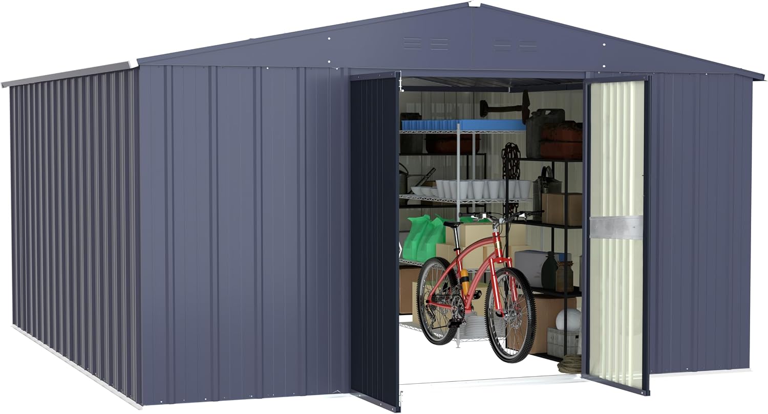 Yardenaler 10x12 FT Metal Storage Shed for Outdoors, Garden Tool Shed Kit with Doors and Lock, Waterproof Patio Utility Tool Shed for Backyard and Garden, Gray