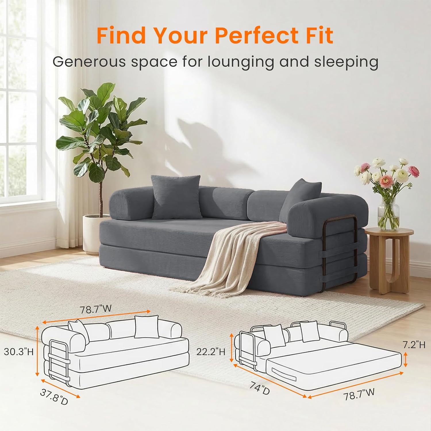 ijuicy 4-in-1 King Convertible Floor Sofa Bed w/ 2 Pillow,Modular Sleeper Sofa/Folding Futon Couch Bed w/Cylindrical Backrest and Fixed Frame,Lounge Couch,Corduroy Compression Sofas for Home-Dark Grey