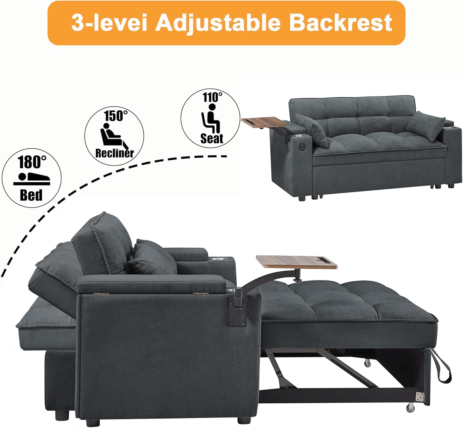 hansones 66' Multi-Functional Pull-Out Sofa Bed with Hidden Side Table, Storage Armrests, Built-in Charging Port, Spring Mattress, Solid Wood Frame – Ideal for Small Spaces, Easy Assembly