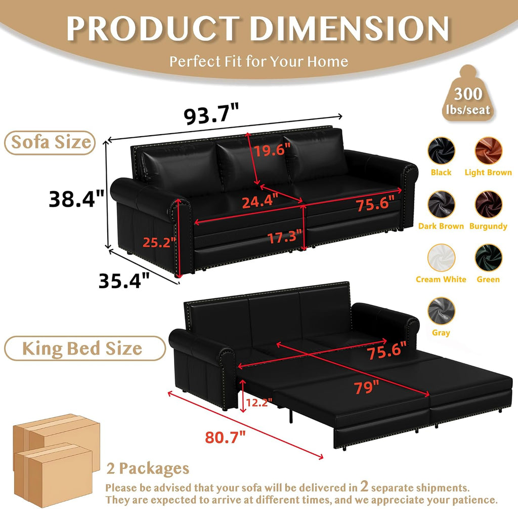 93.7' King Size Sleeper Sofa Bed, Pull Out Sofa Bed, Faux Leather Upholstery, 3 in 1 Convertible Sleeper Couch, Chaise Lounge, Retro Recliner for Living Room, Apartment, Office, Black