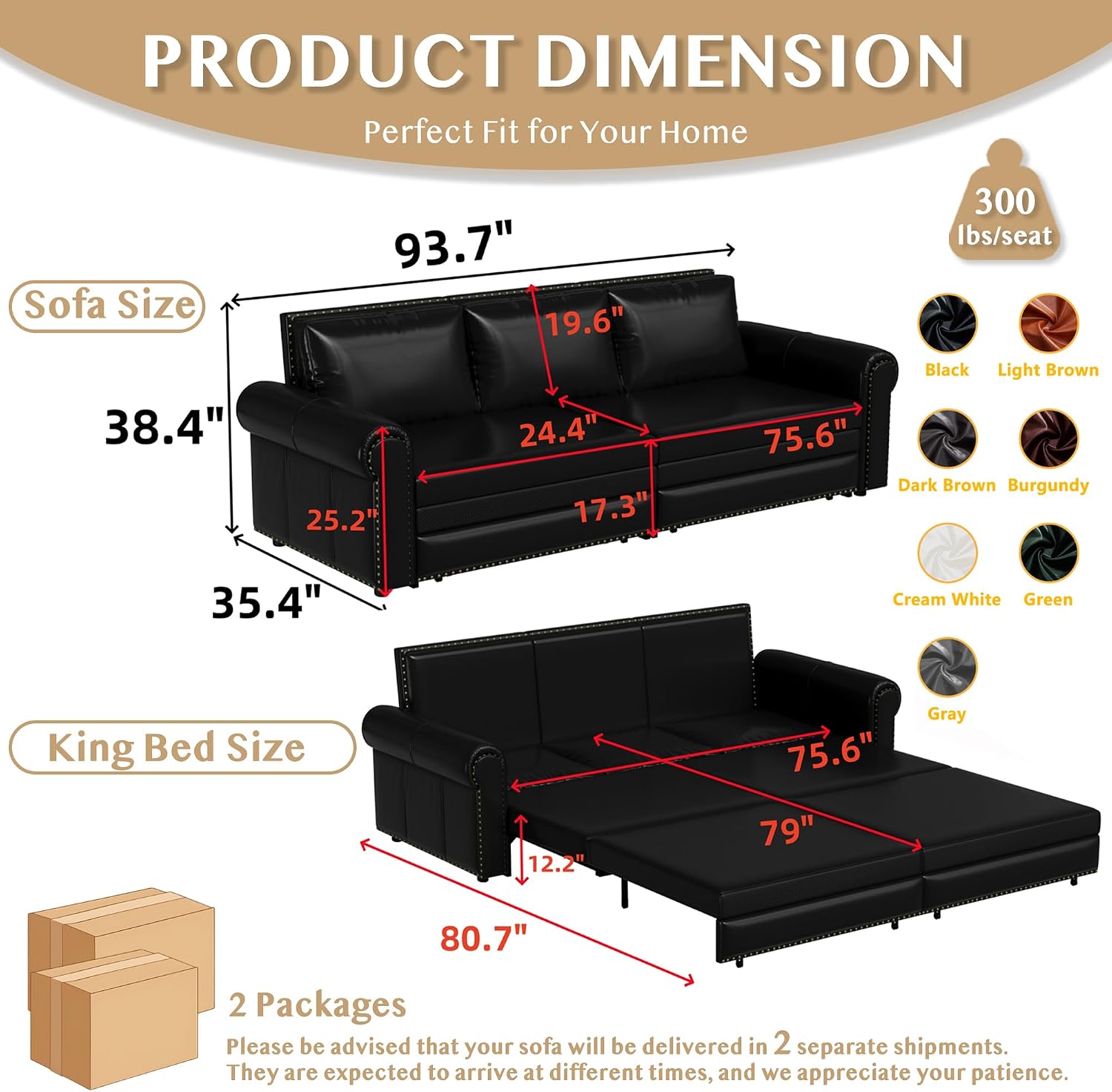 93.7' King Size Sleeper Sofa Bed, Pull Out Sofa Bed, Faux Leather Upholstery, 3 in 1 Convertible Sleeper Couch, Chaise Lounge, Retro Recliner for Living Room, Apartment, Office, Black