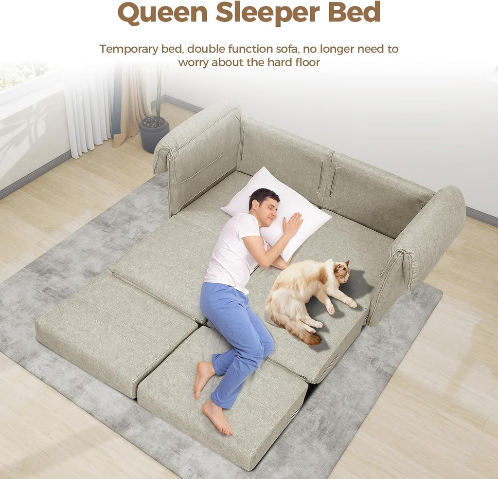 FHFO Loveseat Sleeper Sofa, Convertible Couch Bed Loveset Small Couchs for Small Spaces, 3 in 1 Pull Out Sofa Bed Modern 65' Comfy Futon Sofa Bed Queen for Living Room, Bedroom, Apartment (Beige)