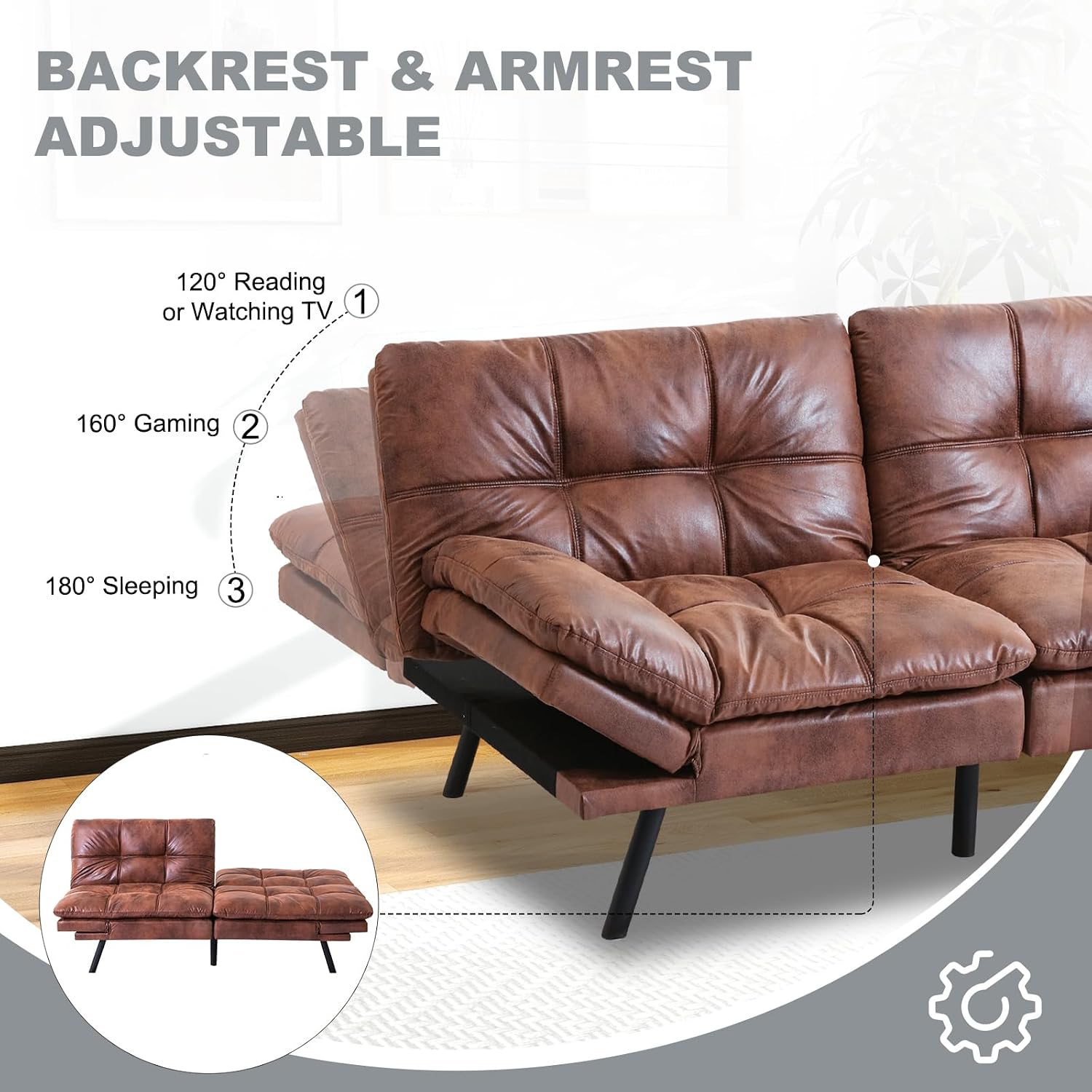 Futon Sofa Bed Convertible Couch,Memory Foam Futon Sofa Couch,Sleeper Futons Sofa Couches,Small Splitback Modern Loveseat Sofa Bed for Living Room,Office,Apartment,Faux Leather,Brown.