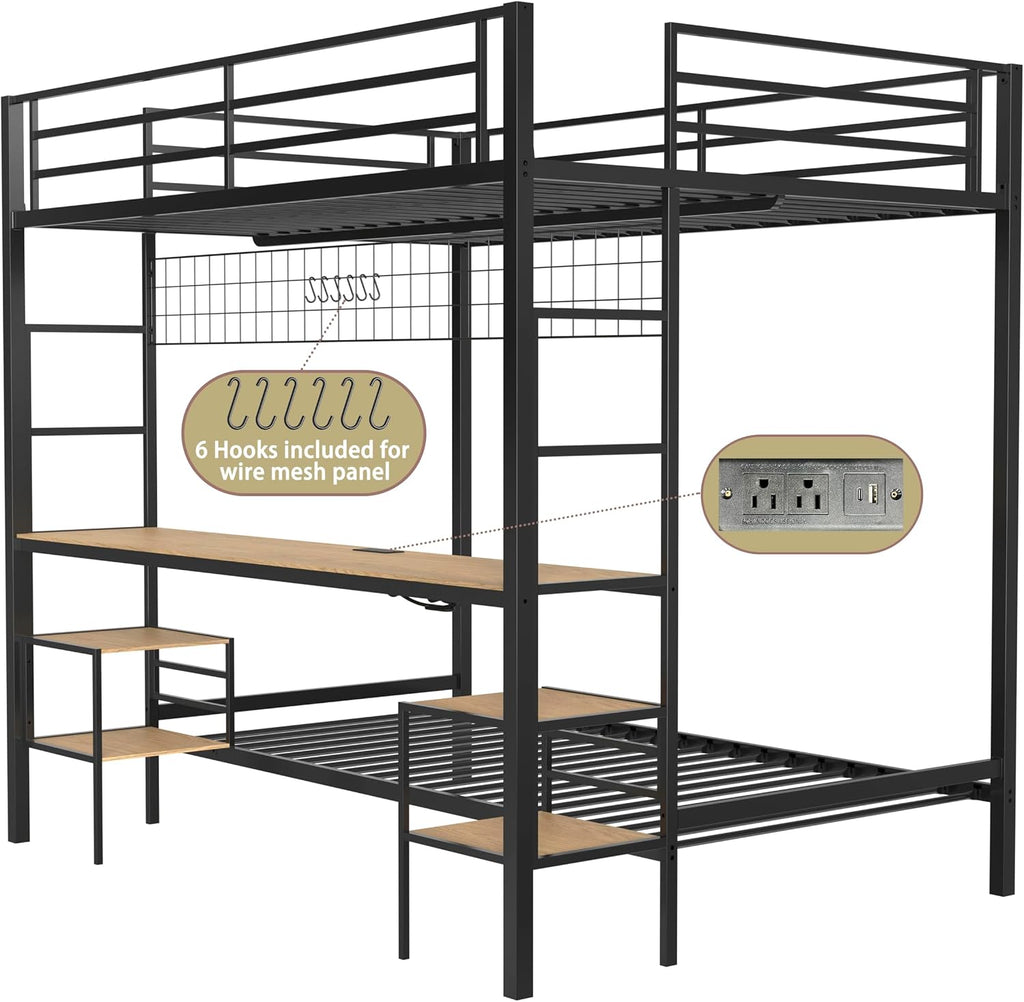 Bellemave Full Over Twin bunk Bed with Desk, loft Bed with Desk and Shelves, Full Over Twin Metal Bunk Beds with Charging Station, Black & Nature Oak