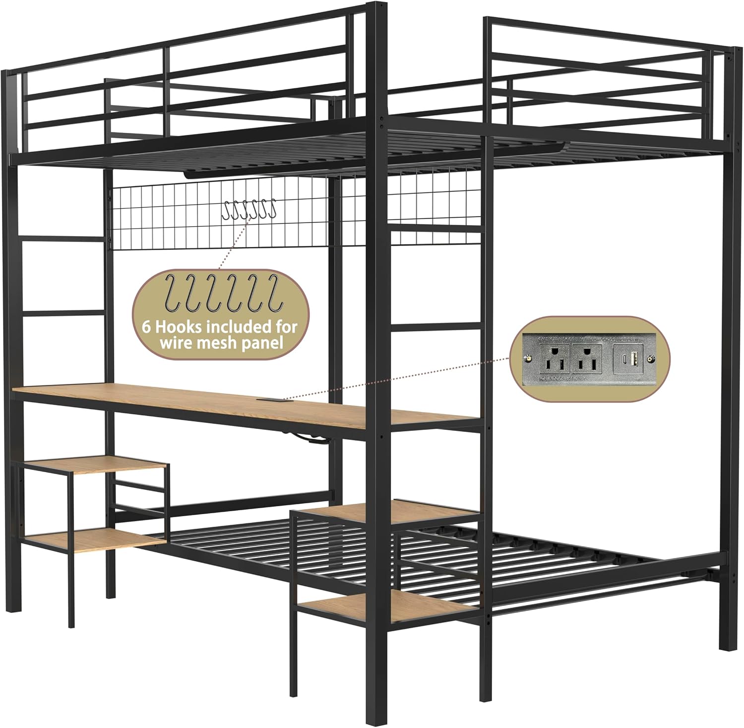 Bellemave Full Over Twin bunk Bed with Desk, loft Bed with Desk and Shelves, Full Over Twin Metal Bunk Beds with Charging Station, Black & Nature Oak