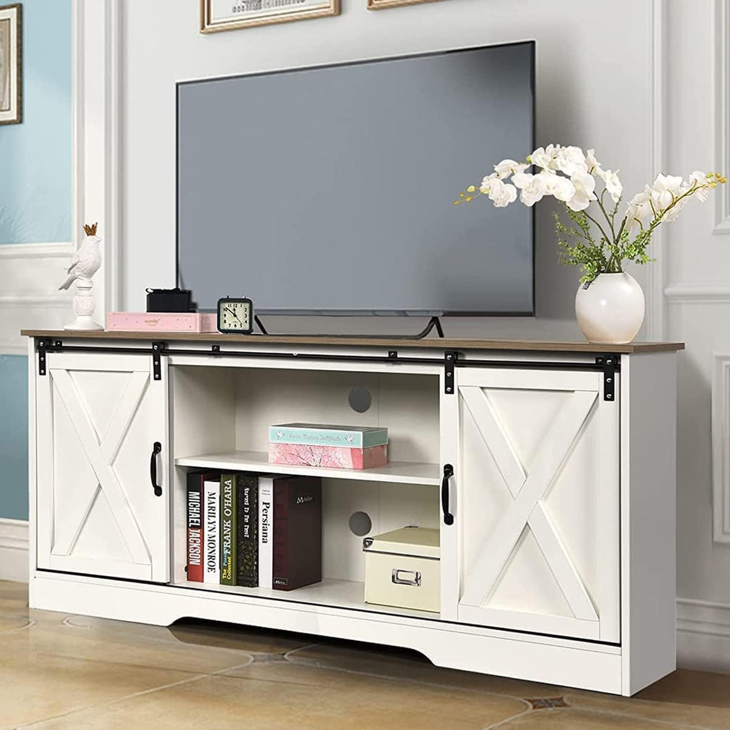 4 EVER WINNER TV Stand for 65 Inch TV for Living Room, Modern Farmhouse Barn Door TV Stand with Storage Cabinets and Adjustable Shelves for Bedroom, Media Entertainment Center TV Console Table, White