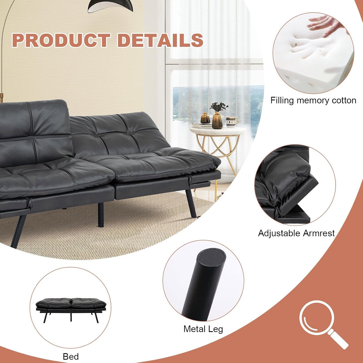 MUUEGM Futon Sofa Bed Couch Convertible Futon Memory Foam Futon Couch Bed Modern Sofa Couch Love Seat Sleeper Sofa for Small Space,Living Room,Office,Adjustable Backrests&Armrests Sofabed,Black