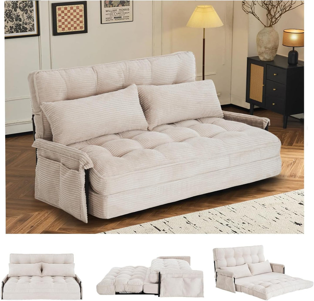 Convertible Futon Sofa Bed with Adjustable Backrest Pillows,Folding Loveseat Sleeper Sofa,Corduroy Pull Out Couches with Side Pocket for Living Room Bedroom Lounge（Cream）