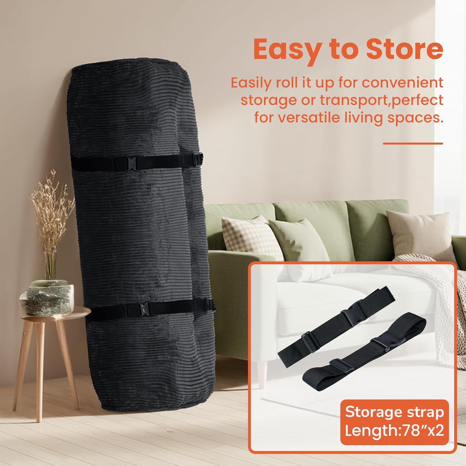 8' Futon Mattress Queen Size, Futons Sofa Bed Sleeper Couch Bed, Folding Mattress with Shredded Foam & 2 Straps, Futon Floor Mattress for Living Room & Guest Room, Corduroy (Frame Not Included)
