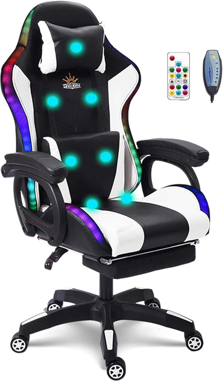 Gaming Chair with 7-Point Massage Function, Ergonomic Computer Chair with Footrest and Lumbar Support, Video Gaming Chair with RGB Lights and Speakers, Adjustable Backrest Swivel Chair,White