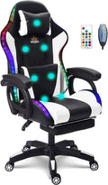 Gaming Chair with 7-Point Massage Function, Ergonomic Computer Chair with Footrest and Lumbar Support, Video Gaming Chair with RGB Lights and Speakers, Adjustable Backrest Swivel Chair,White