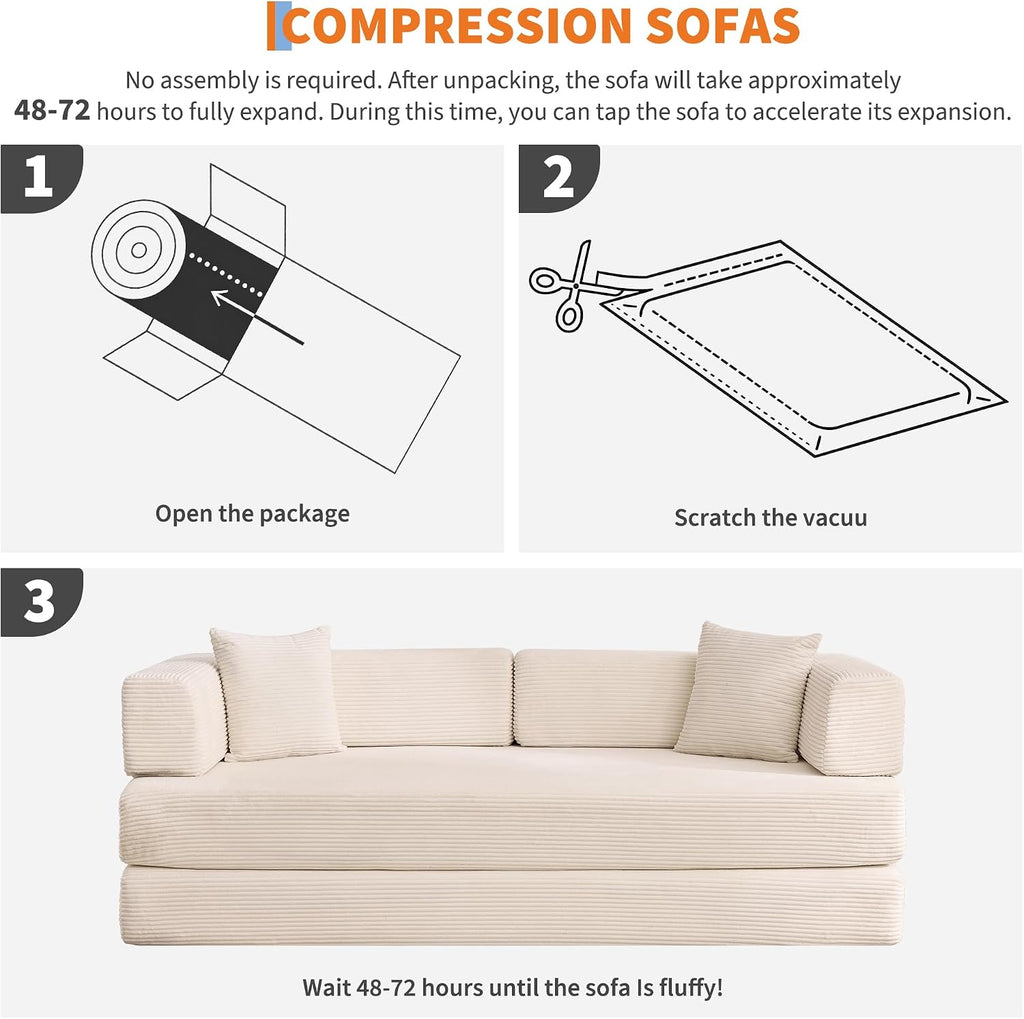 Garvee 5-in-1 Convertible Sofa Bed, 78.8' Modular Corduroy Sleeper with Sturdy Frame & No Assembly, Multi-Functional Futon for Small Space, Living Room & Guest Room (Green) (Beige)