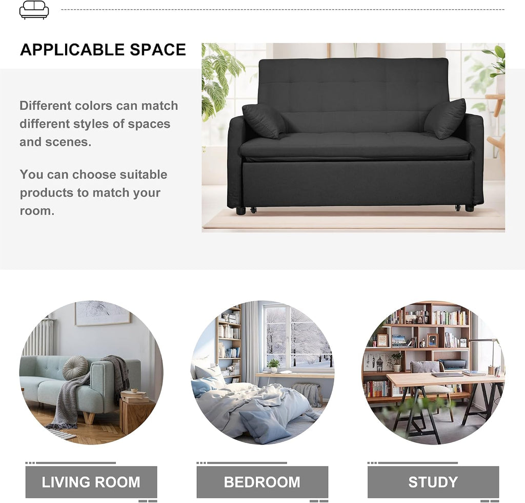 Oversized 3-in-1 Convertible Sleeper Sofa Bed, Futon Couch with Pullout Bed, 2-Seater Loveseat Sofa w/Pockets, Adjustable Backrest and Pillows for Living Room Apartment (Gray-Button Tufted)