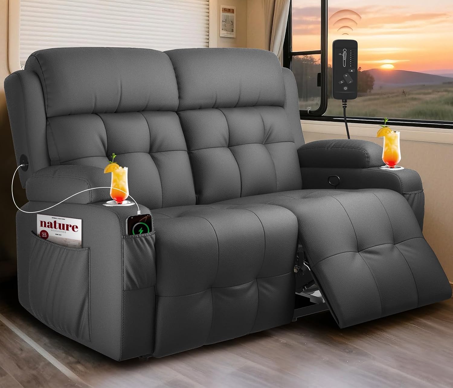RV Loveseat Recliner Sofa, Massage Wall Hugger Recliners Couch with USB Port, Side Pockets, Cup Holders, 150° Reclining Sleeper, for RV Furniture & RV Camper & Home Theater Seating