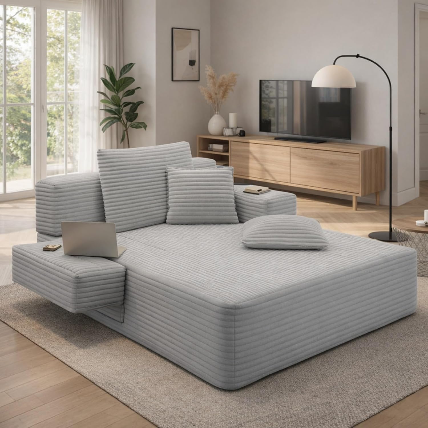 Oversized Boneless Chaise Sofa Bed, Corduroy Chaise Lounge Chair Indoor with Storage Pockets, Upholstered Cloud Sleeper Chair Bed for Small Space, Living Room, Bedroom, Apartment, Light Grey