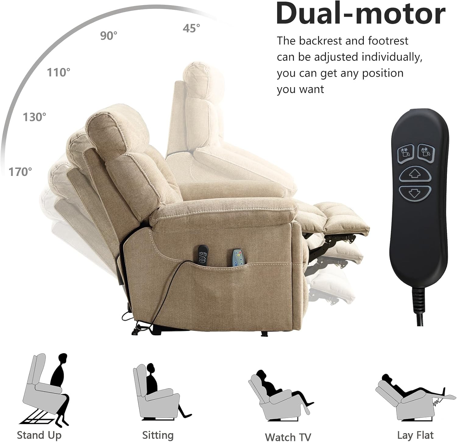 CANMOV Dual Motor Power Lift Recliner Chair for Elderly, 27' Extra-Wide Seat 450 lbs Weight Capacity Infinite Position Adjustment, with Heated Massage, Cup Holders and USB Port, Camel Fabric