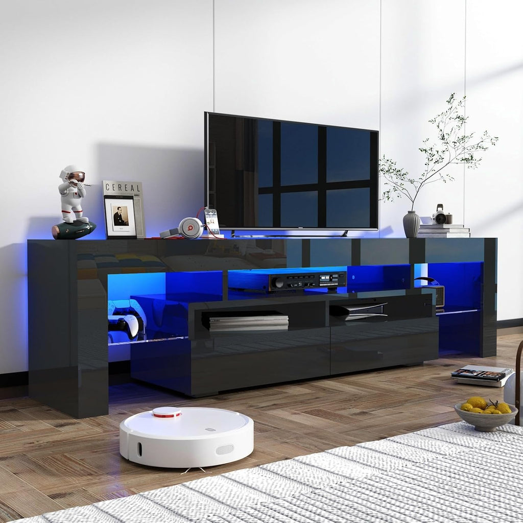 St.Mandyu 70IN LED TV Stand for 65/75/85 inch TV, High Glossy Modern Entertainment Center with Drawer and Led Lights, Television Table Media Console for Living Game Room Bedroom(Black)