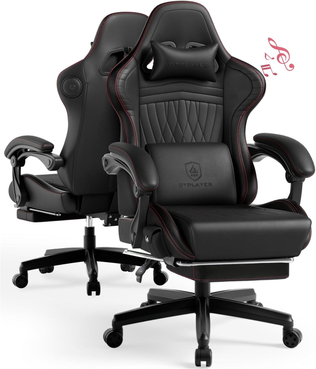 GTPLAYER ACE-PRO Music Gaming Chairs – Built-in Speakers, App Support & Bluetooth Control, Computer Game Chairs with Footrest for Adults, Ergonomic, Reclining, Linkage Armrest, BK‑RD Stitch