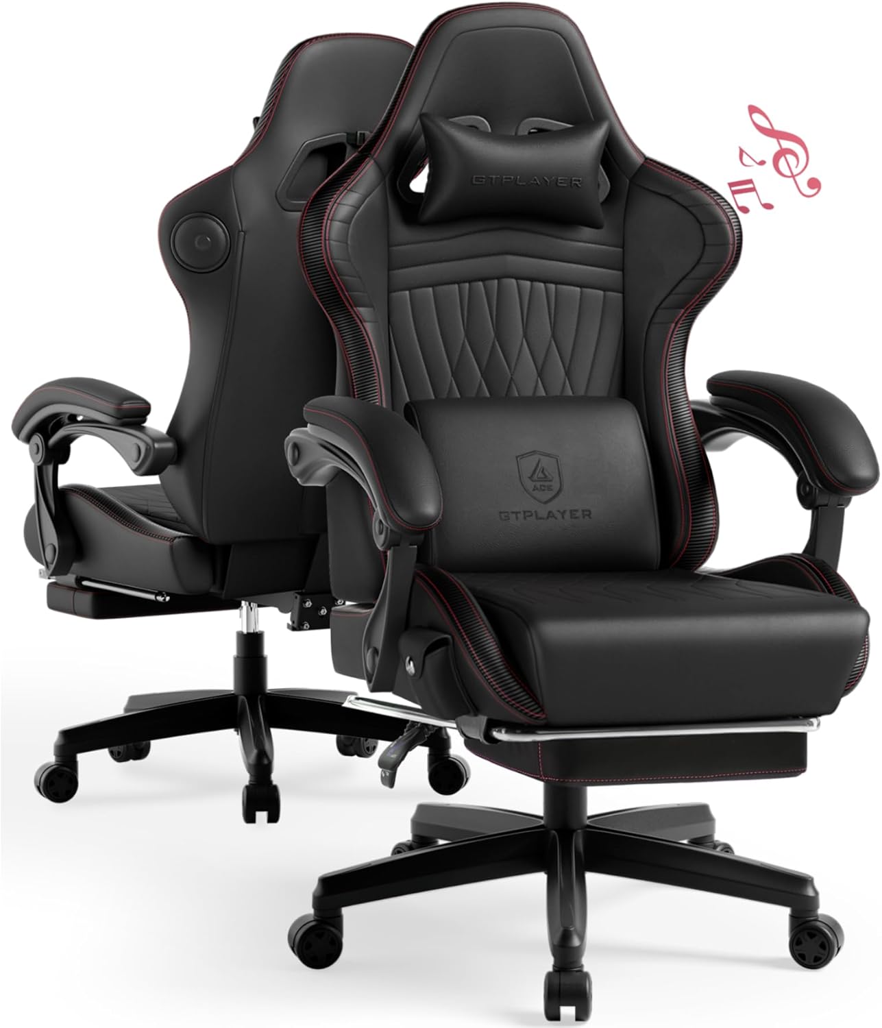GTPLAYER ACE-PRO Music Gaming Chairs – Built-in Speakers, App Support & Bluetooth Control, Computer Game Chairs with Footrest for Adults, Ergonomic, Reclining, Linkage Armrest, BK‑RD Stitch
