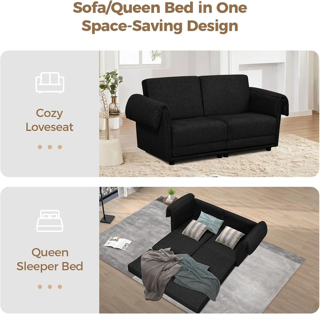 FHFO 65' Loveseat Sleeper Couch for Small Spaces, 3 in 1 Pull Out Sofa Bed Convertible Sleeper Sofa Comfy Sofabed for Living Room, Bedroom, Apartment, Black