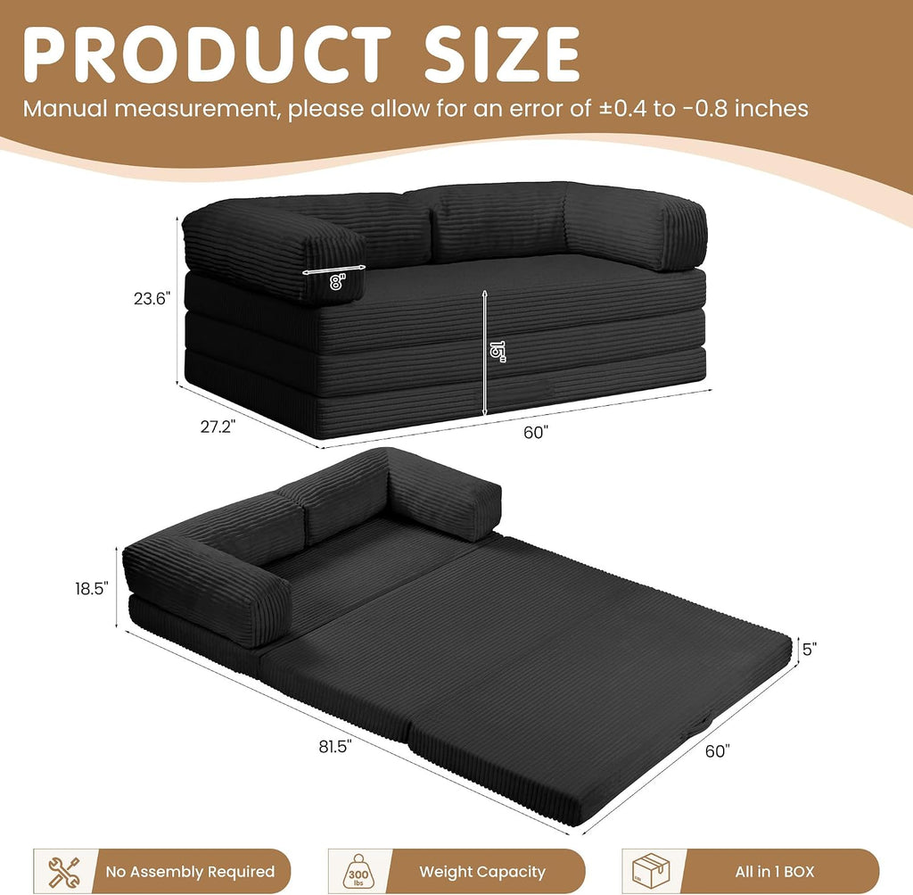 Convertible Sofa Bed Queen,5-in-1 Tri-Fold Boneless Couch with Removable Armrests & Handle,Corduroy Futon Sleeper Sofa,Floor Folding Mattress Pull Out Bed for Small Space Living Room Bedroom,Black