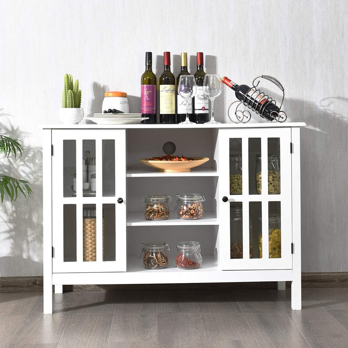 Tangkula White TV Stand, Modern Tall Entertainment Center for TVs up to 50', Media Console w/2 Storage Cabinets & 3 Open Shelves, Wire Hole, Wood TV Console Table for Living Room, White