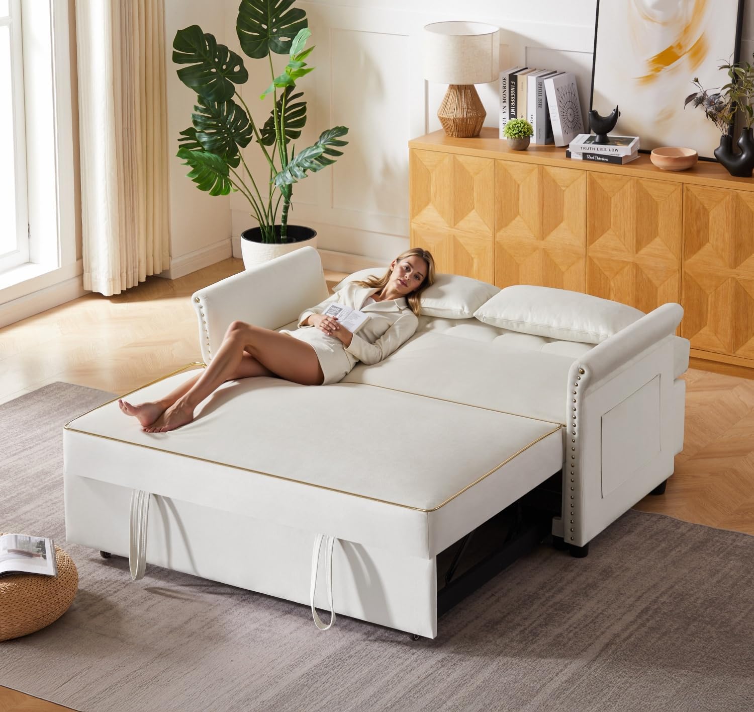 oaaktu 57-Inch Velvet Full Size Sleeper Sofa Couch with Pullout Bed,Convertible Pull Out with Golden Decorative Strip and Adjustable Backrest for Small Spaces,Apartment, Guest Room, RV (Beige)