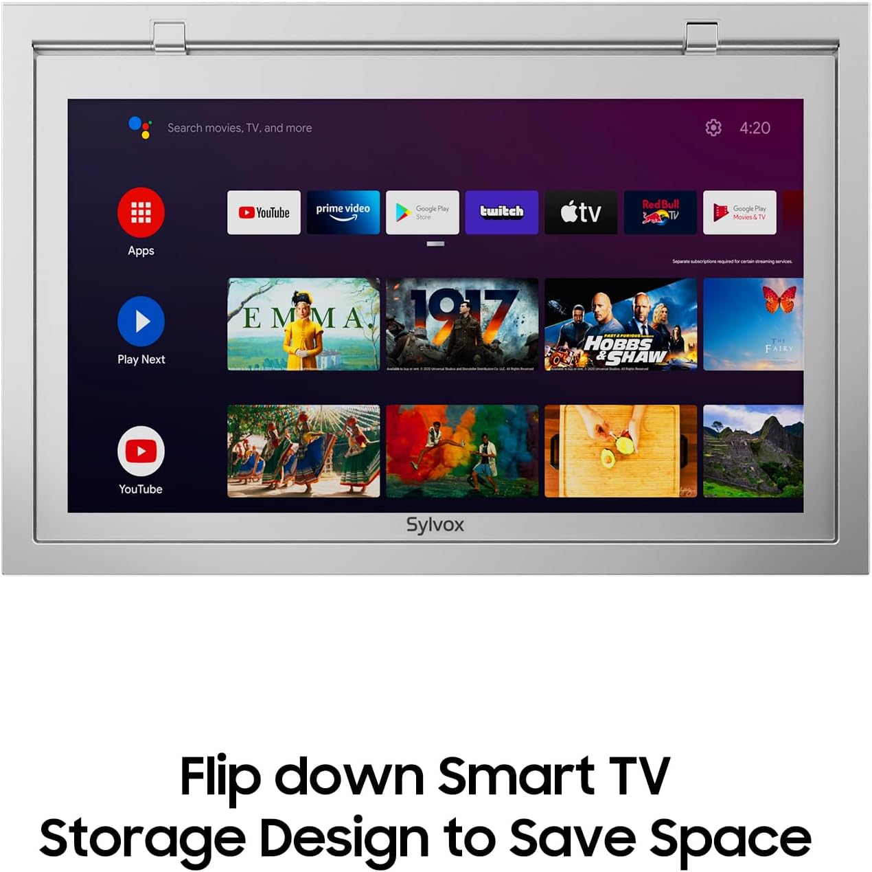 SYLVOX 15.6' Under Cabinet Smart TV – 360° Rotation, 90° Flip-Down Screen, Wireless Connectivity, Space-Saving Design for Kitchen, Bedroom, or RV. (Metallic Silver)