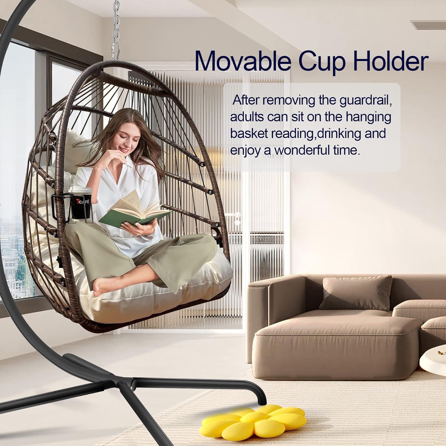 JESE Swing Egg Chair with Stand Wicker Wrap Frame UV Resistant Waterproof Cushion Hanging Chairs with Cup Holder 350lbs Capacity Swing Hammock Chairs for Patio Bedroom Indoor Outside-Khaki
