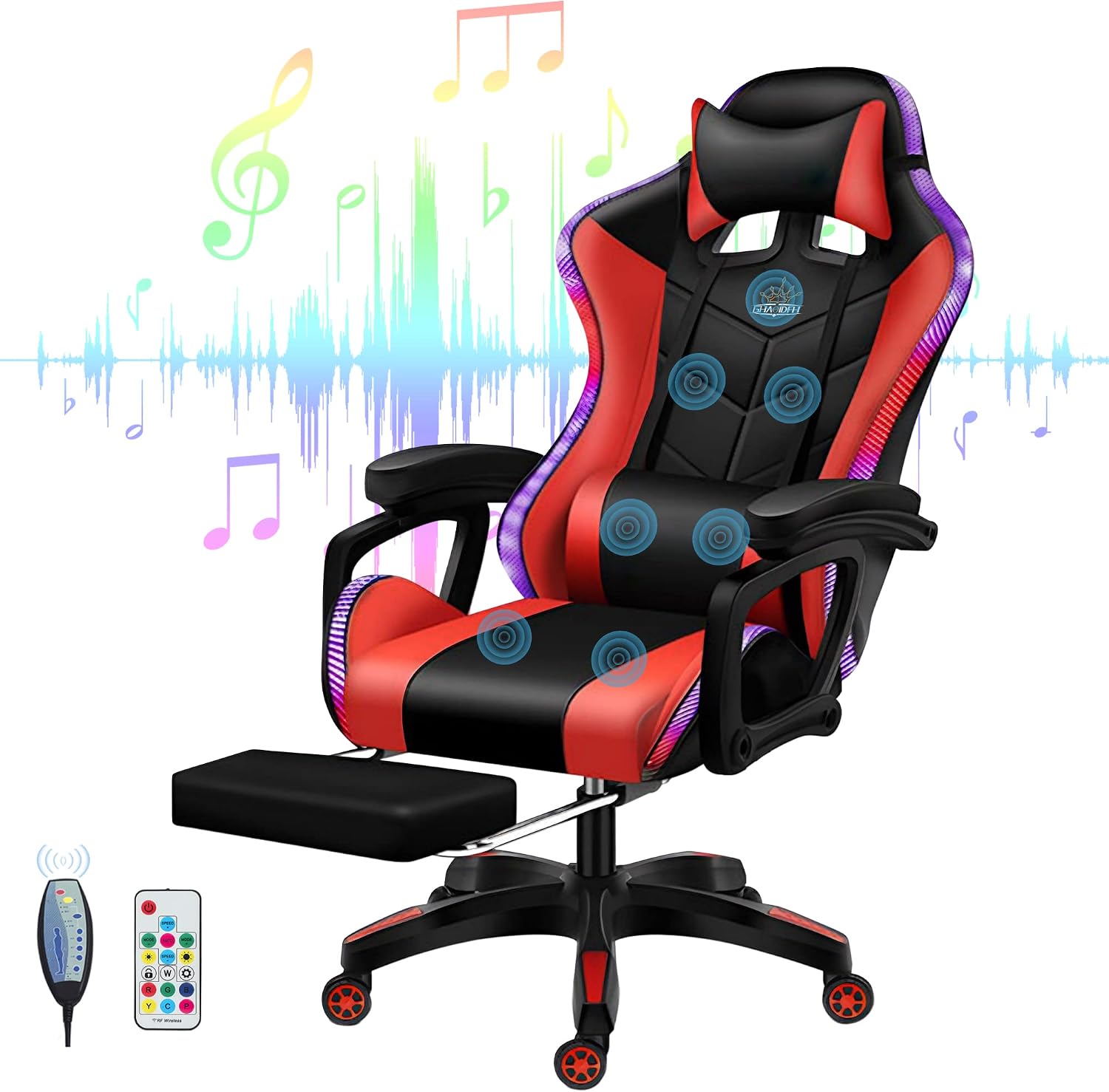 RGB Gaming Chair with Footrest and Speakers Ergonomic Massage Office Chair Lumbar Support Racing Game Chair Adjustable Height PU Leather Computer Chair for Adults Teens,Red