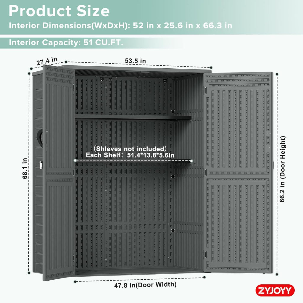 ZYJOYY 4.5 x 5.7 FT Outdoor Storage Shed, 59 Cuft Outside Waterproof Storage Cabinet, HDPE Resin Plastic 385 Gallon Outdoor Storage Container, Vertical Lockable Storage Shed, Grey