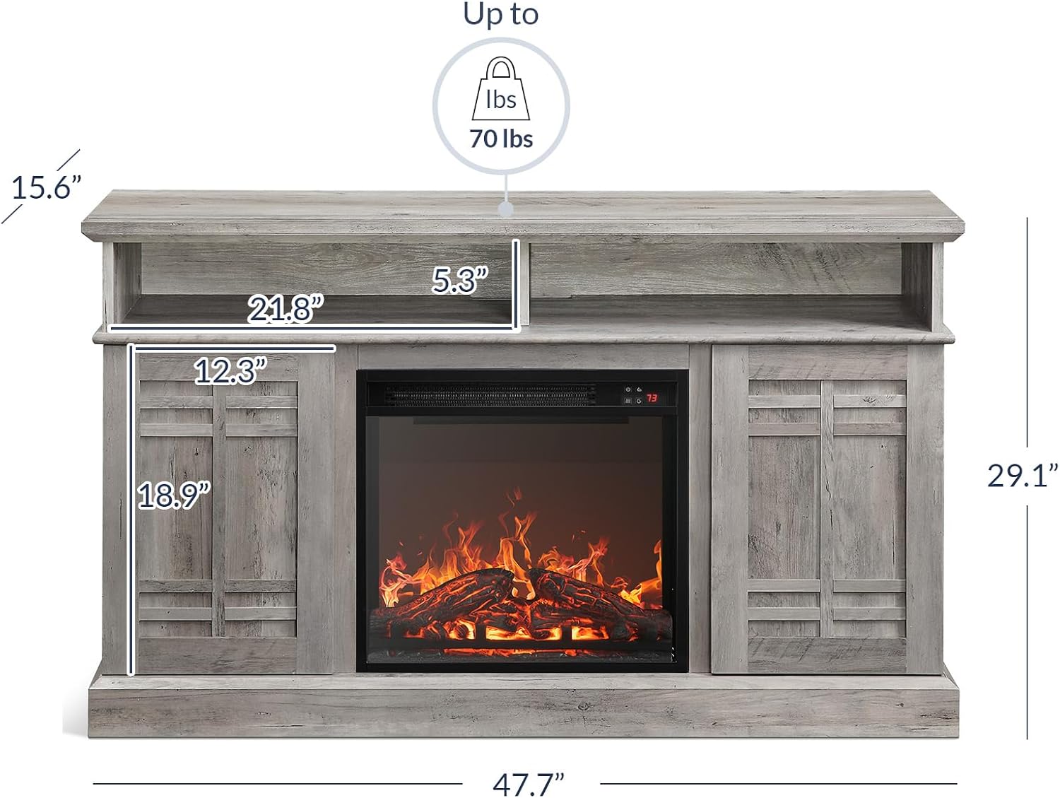 BELLEZE 48' TV Stand with 18' Electric Fireplace Heater, Modern TV Stand for TVs up to 50', Entertainment Media Stand with Open Shelves and Storage Cabinets for Living Room, Bedroom (Grey Wash)