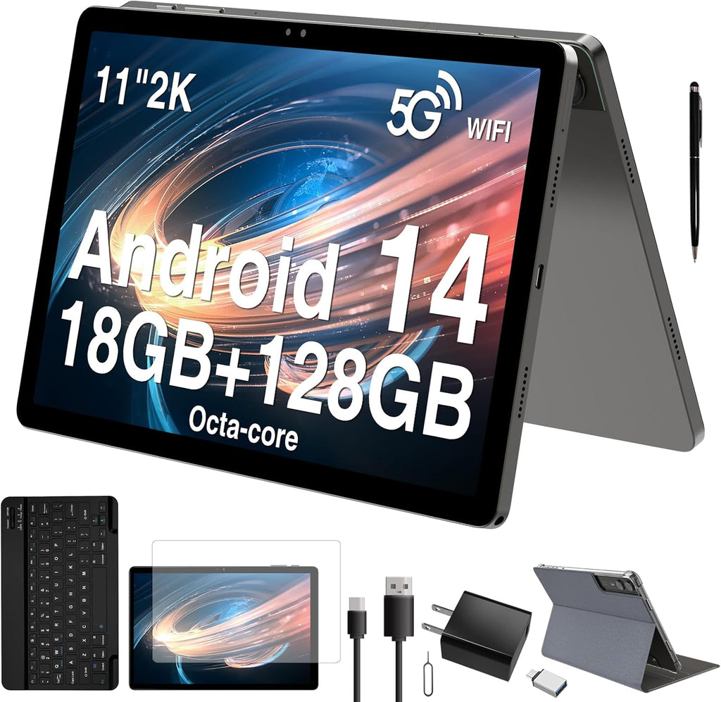 2026 Latest 11 inch Android Tablet, 18GB RAM 128GB ROM, 1TB Expandable, 2K Display, T616 Octa-Core, 13MP+5MP+5MP Camera, 9000mAh Battery, GPS, Face ID, Quad Speakers, Tablet with Keyboard and Pen