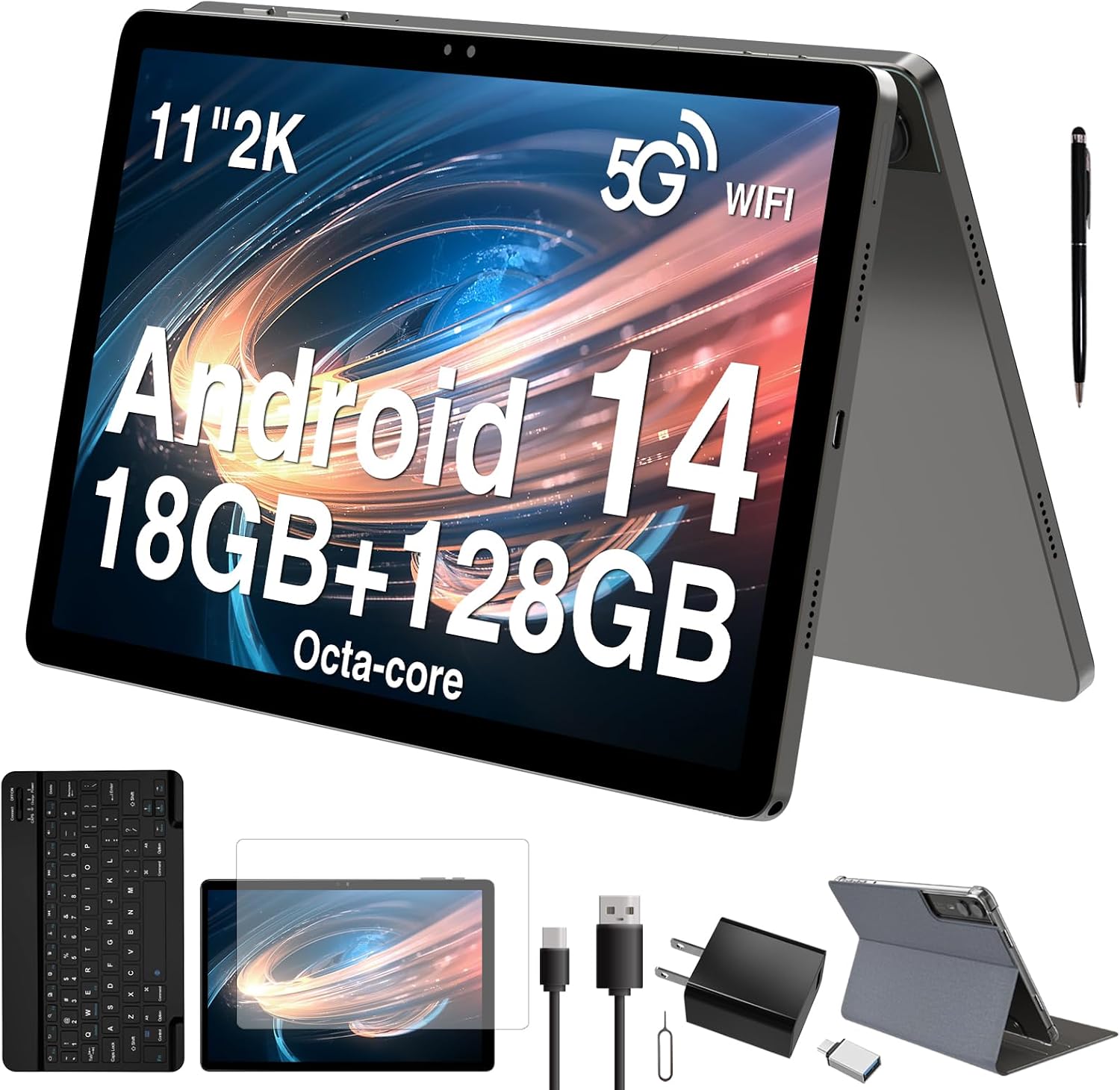 2026 Latest 11 inch Android Tablet, 18GB RAM 128GB ROM, 1TB Expandable, 2K Display, T616 Octa-Core, 13MP+5MP+5MP Camera, 9000mAh Battery, GPS, Face ID, Quad Speakers, Tablet with Keyboard and Pen