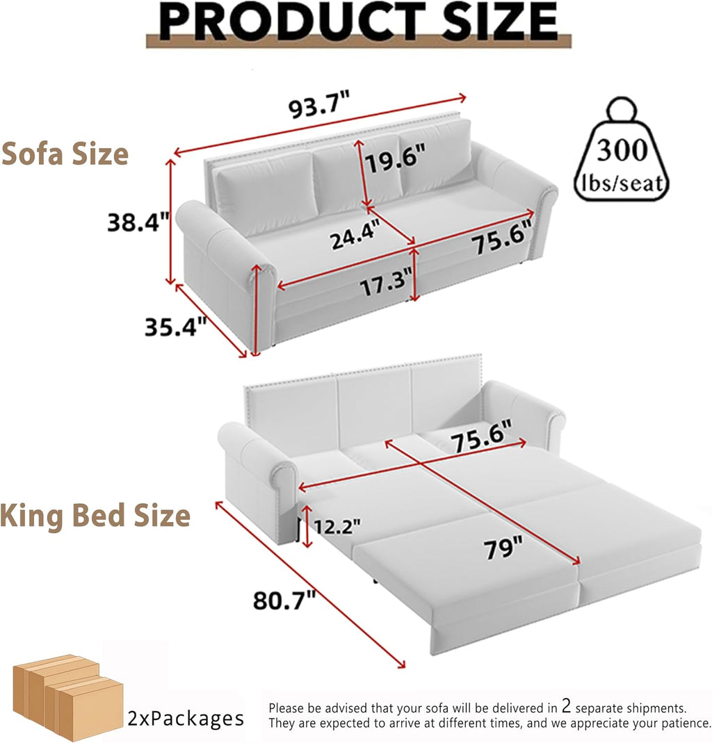 93.7' King Pull Out Sofa Bed, Velvet Sleeper Sofa Couch, 3 in 1 Convertible Futon Couches for Living Room, Small Space, Apartment, Office, Bedroom, Modern Rivet Armrest, Black