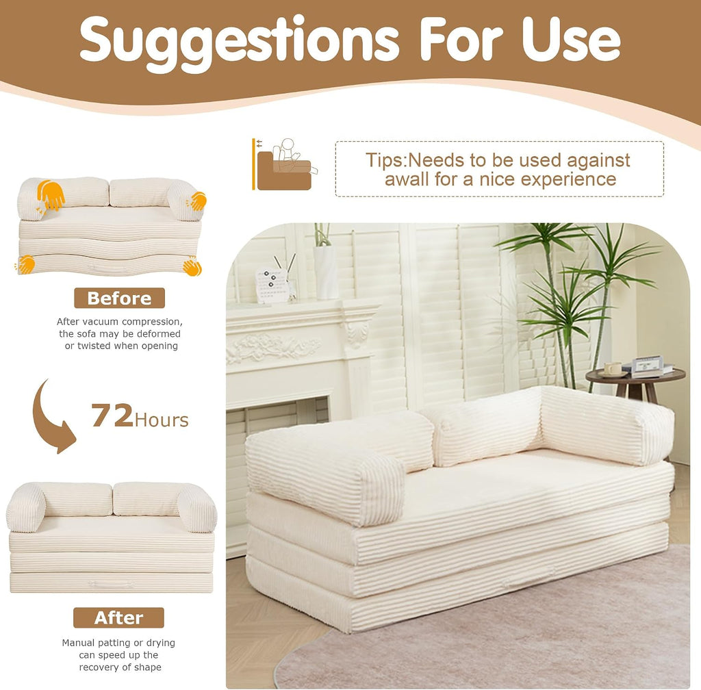 Convertible Sofa Bed Full,5-in-1 Folding Boneless Couch Corduroy Futon Sofa Bed,Tri-Fold Mattress with Removable Armrests & Handle,Sleeper with Pull Out Bed for Small Space Living Room Bedroom