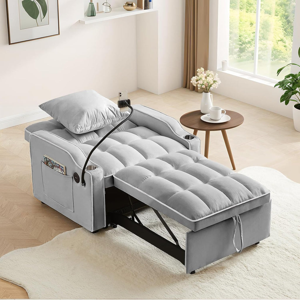 Convertible Sleeper Sofa Chair Bed, 3 in 1 Velvet Single Small Futon Sofa Bed with Phone Holder & USB Ports,Pull Out Couch Recliner with Adjustable Backrest for Living Room, Office, Small Place(Grey)