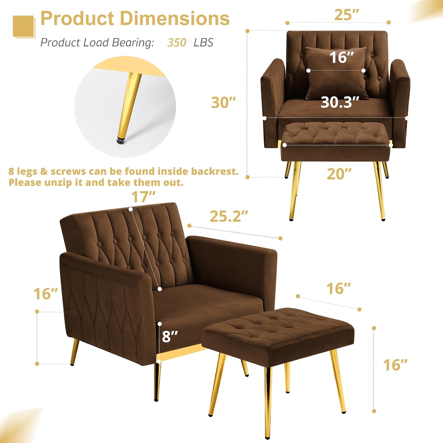 2 Pieces Velvet Sofa Set with Adjustable Armrest and Backrest, 70' Convertible Futon Sofa Bed & Mordern Accent Chair with Ottoman for Living Room, Bedroom, Brown