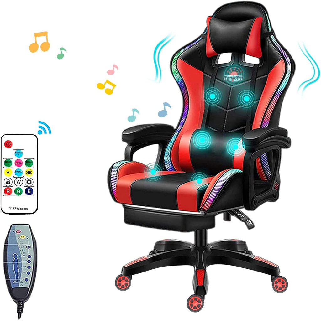 LED Gaming Chairs for Adults with Speakers - Ergonomic Computer Chair with Full Massage, High Back Music Video Game Chair with Footrest and Lumbar Support, PU Leather Silla Gamer,Red