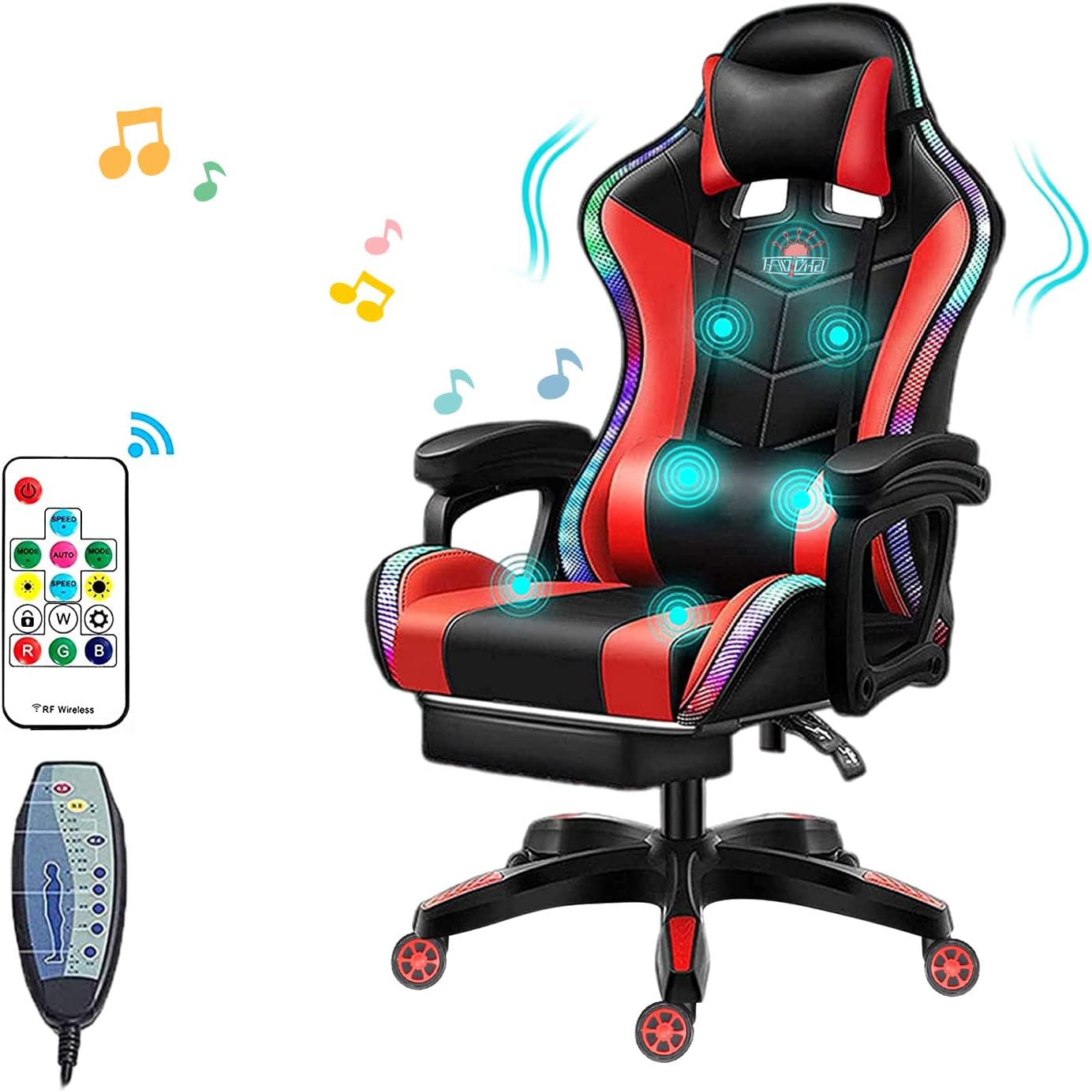 LED Gaming Chairs for Adults with Speakers - Ergonomic Computer Chair with Full Massage, High Back Music Video Game Chair with Footrest and Lumbar Support, PU Leather Silla Gamer,Red